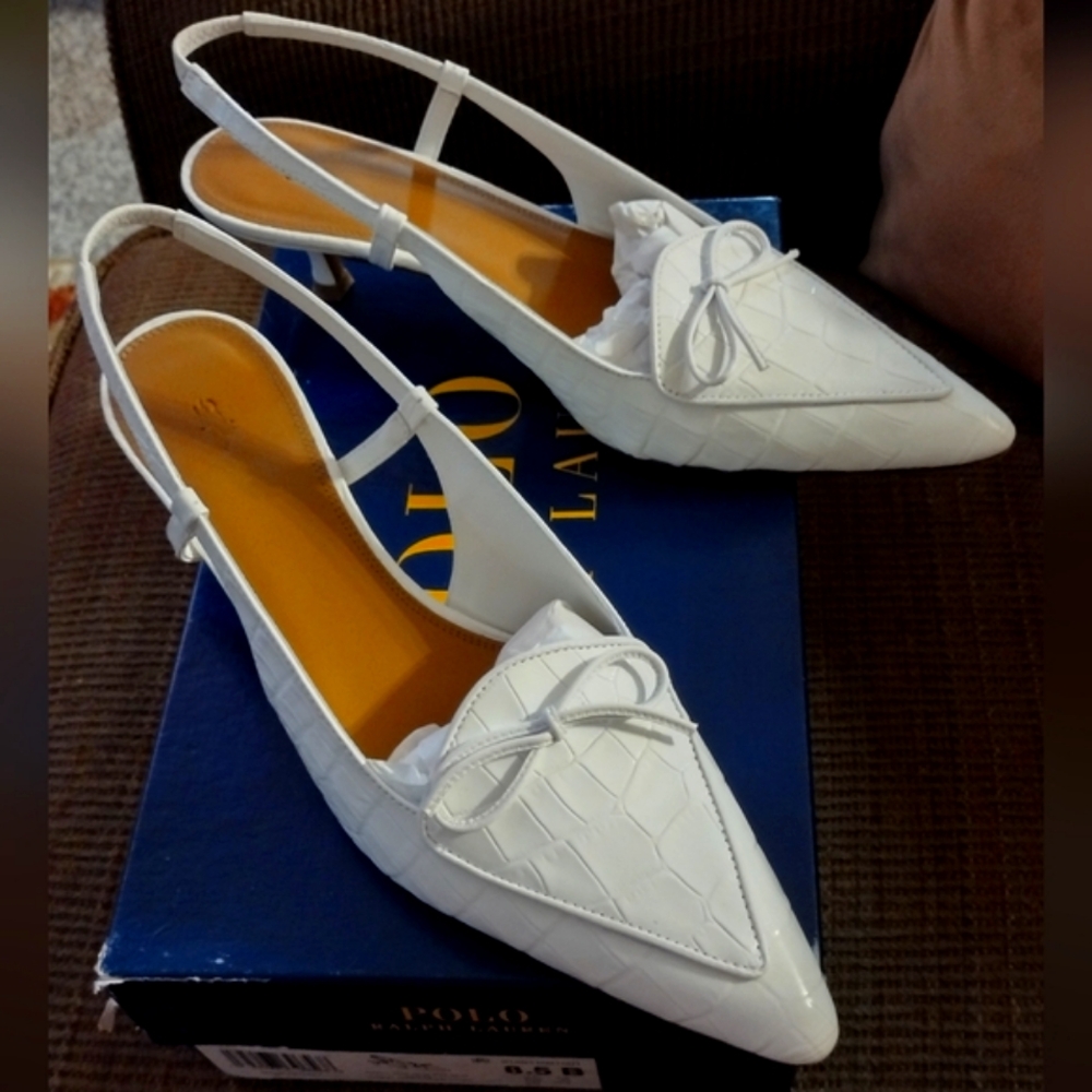 Ralph Lauren White Croc-Embossed Slingback Kitten Heels